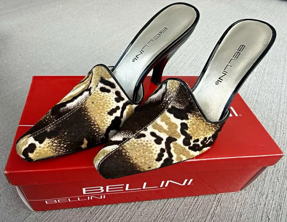 VTG Bellini Calf Hair Animal Prt Mules Heels NIB Deadstock Y2K Mob Wife Size 7M